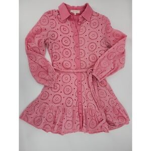 Fanco Pink Eyelet Mini Dress Long Sleeve Button Down Ruffle Hem Belted Womens M